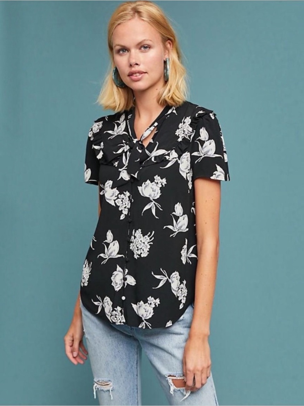 ANTHROPOLOGIE • Maeve Adagio Ruffled Blouse in Black Motif